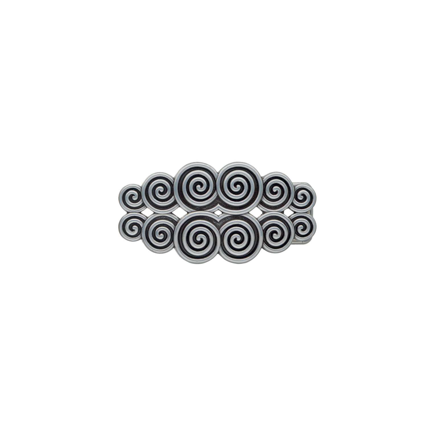Compact buckle featuring a layered cluster of raised spiral swirls with a bold, sculpted look in an English silver finish.