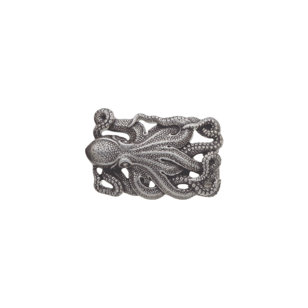 Belt buckle with a detailed octopus motif with textured skin and curling tentacles, finished in English silver for a bold sea-inspired look.