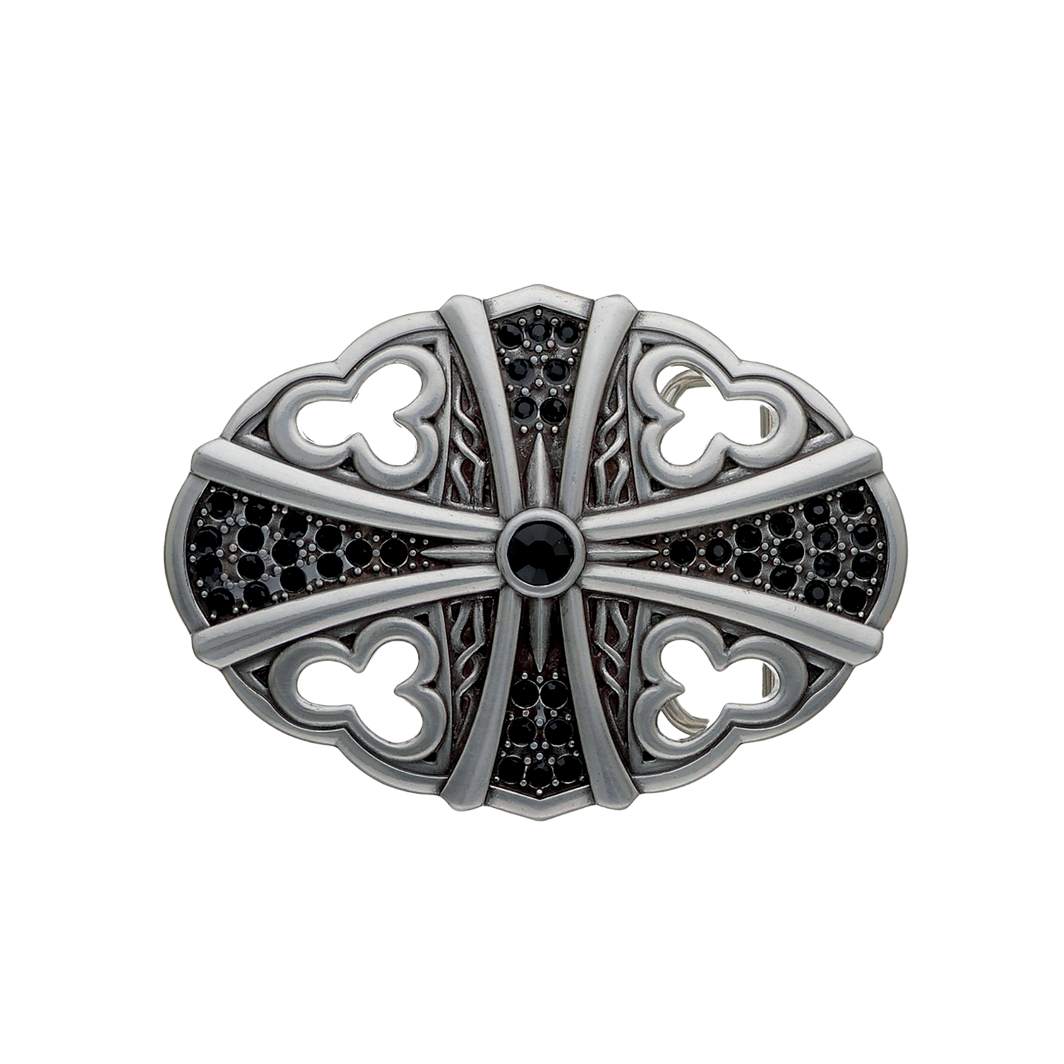 Belt buckle featuring a bold cross design with quatrefoil cutouts and jet-black strass accents, centered with a round black stone for a sharp, statement look in English silver.