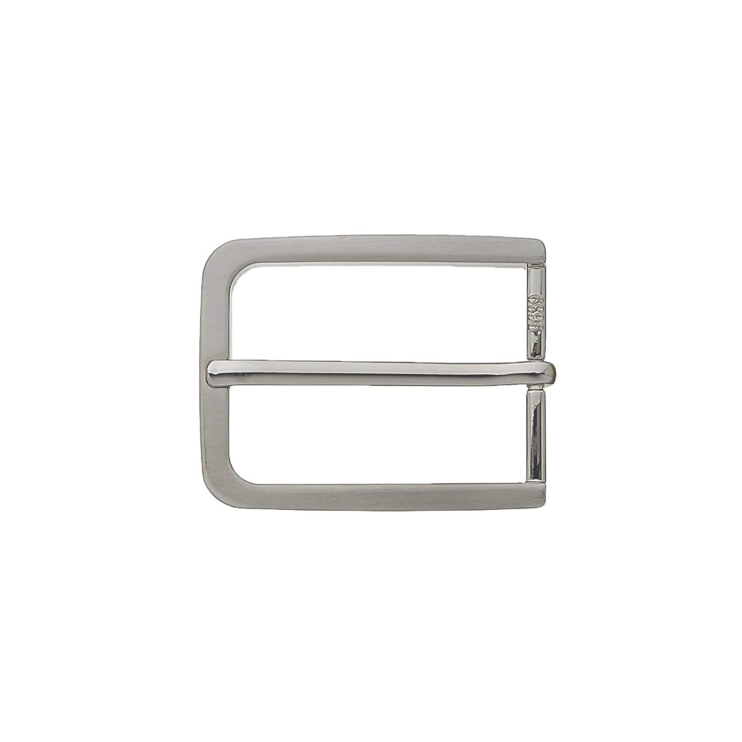 Belt buckle featuring a clean rectangular frame with softly rounded corners and a straight center bar, finished in brushed nickelfree silver.