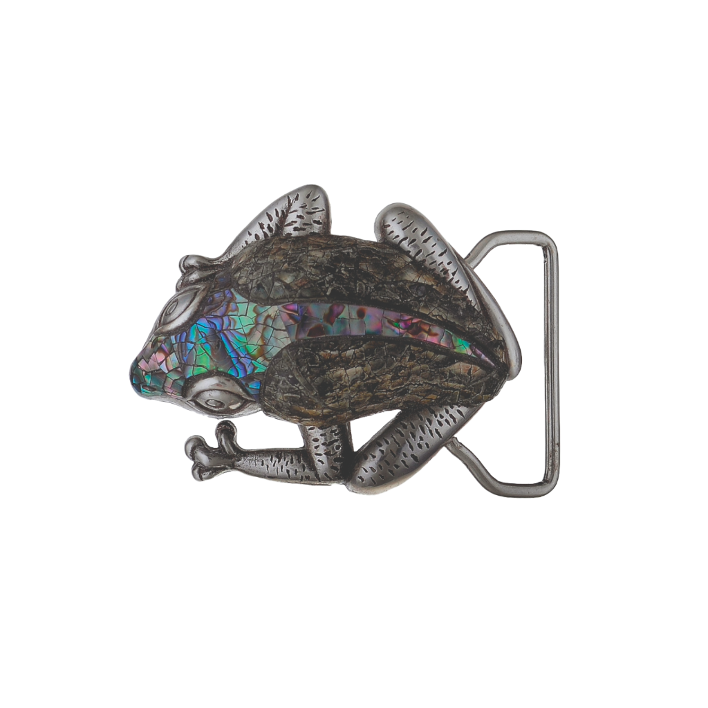 Silver-tone frog belt buckle with a dark abalone shell inlay, a unique Italian fashion accessory.