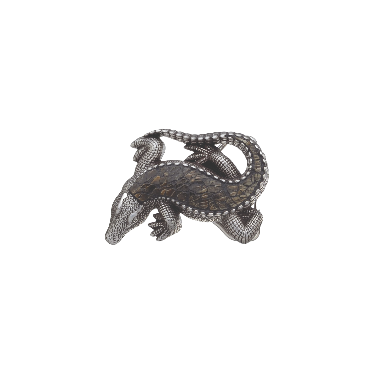 Crocodile 35mm Belt Buckle – English Silver Finish + Cracked Raw Black Lip Mother of Pearl