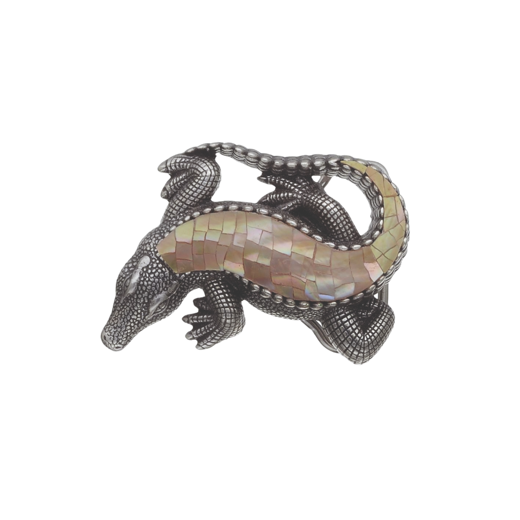 Silver-tone alligator belt buckle with a mosaic mother-of-pearl inlay, a unique Italian fashion accessory.