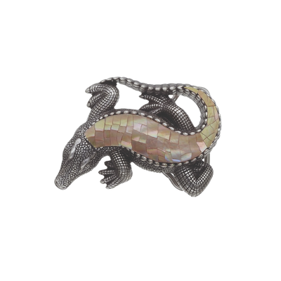 Silver-tone alligator belt buckle with a mosaic mother-of-pearl inlay, a unique Italian fashion accessory.