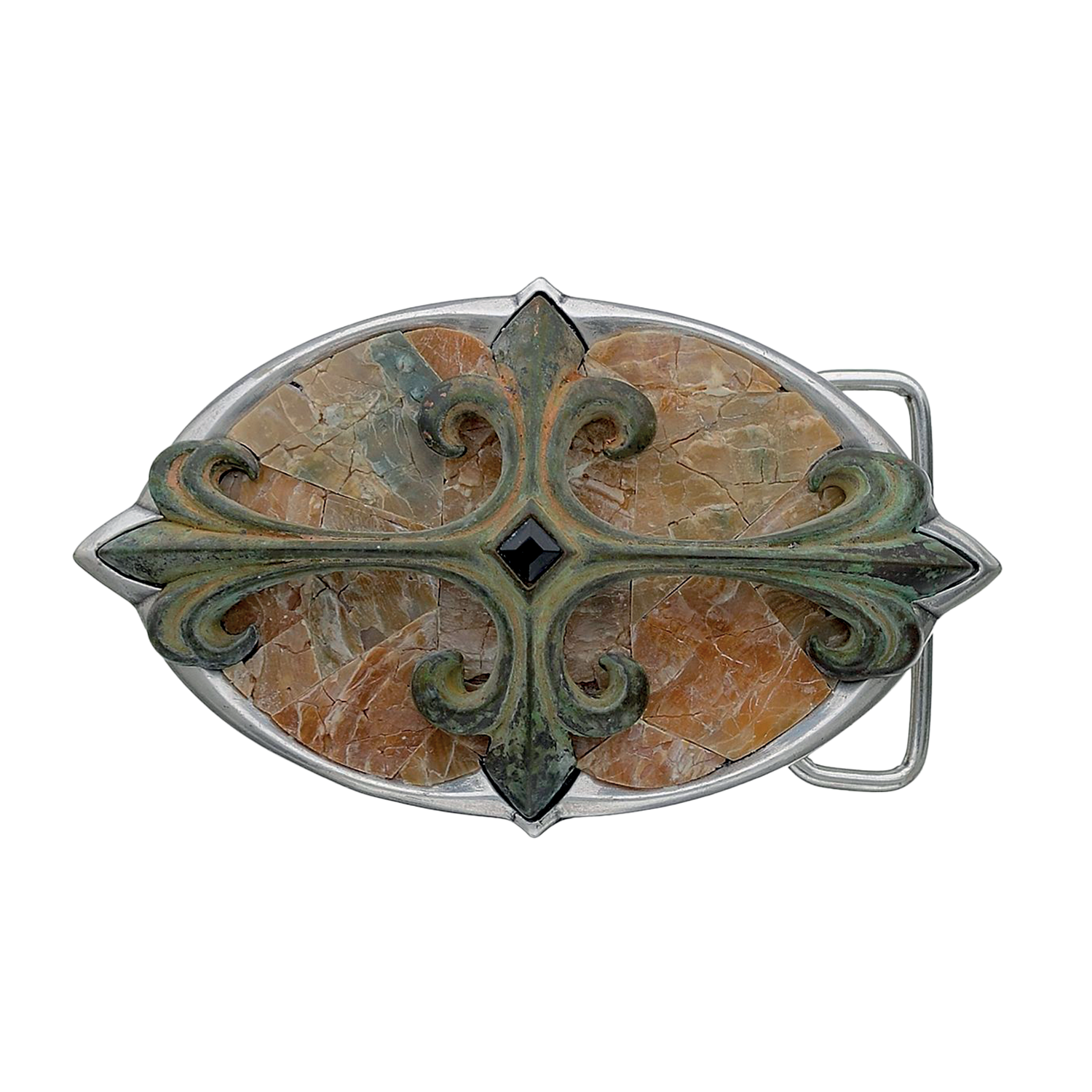 Fleur Script 40mm belt buckle in English Silver + Jet + Raw Mother of Pearl.