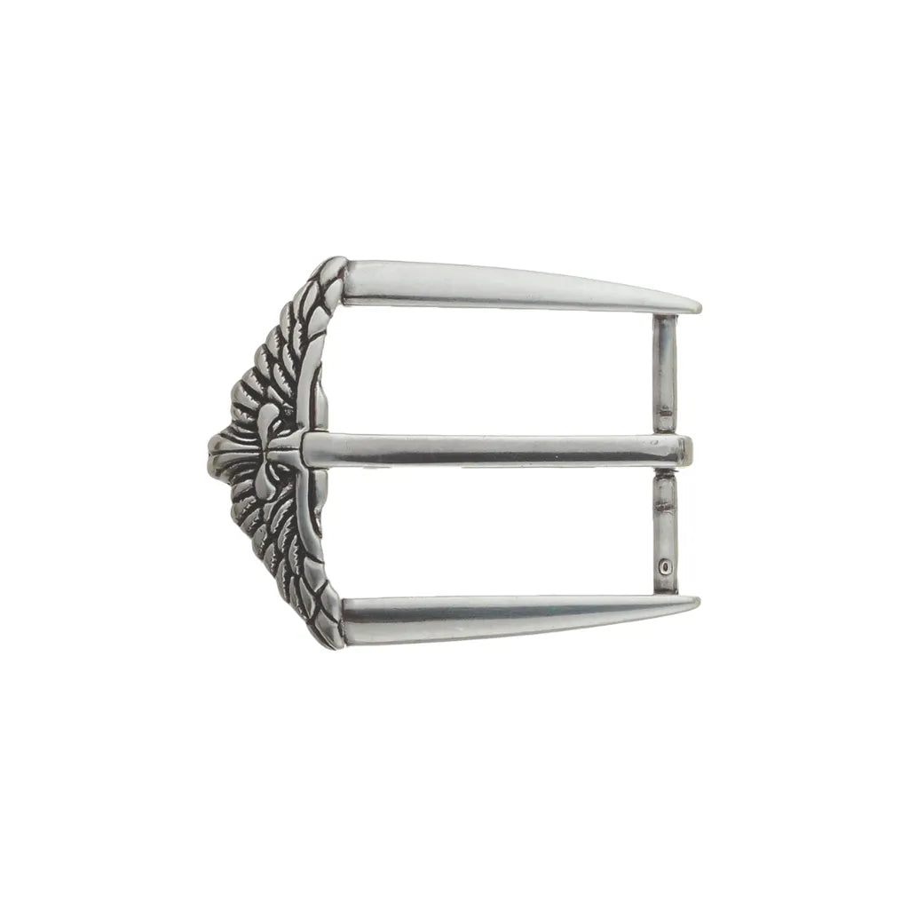 Silver-tone belt buckle with ornate engraved side detail and double bar frame, fits 40mm belt strap
