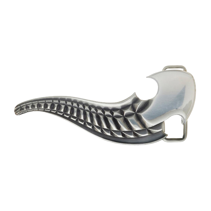 Unique silver-tone belt buckle with a modern, abstract curved design and textured details, an Italian fashion accessory.