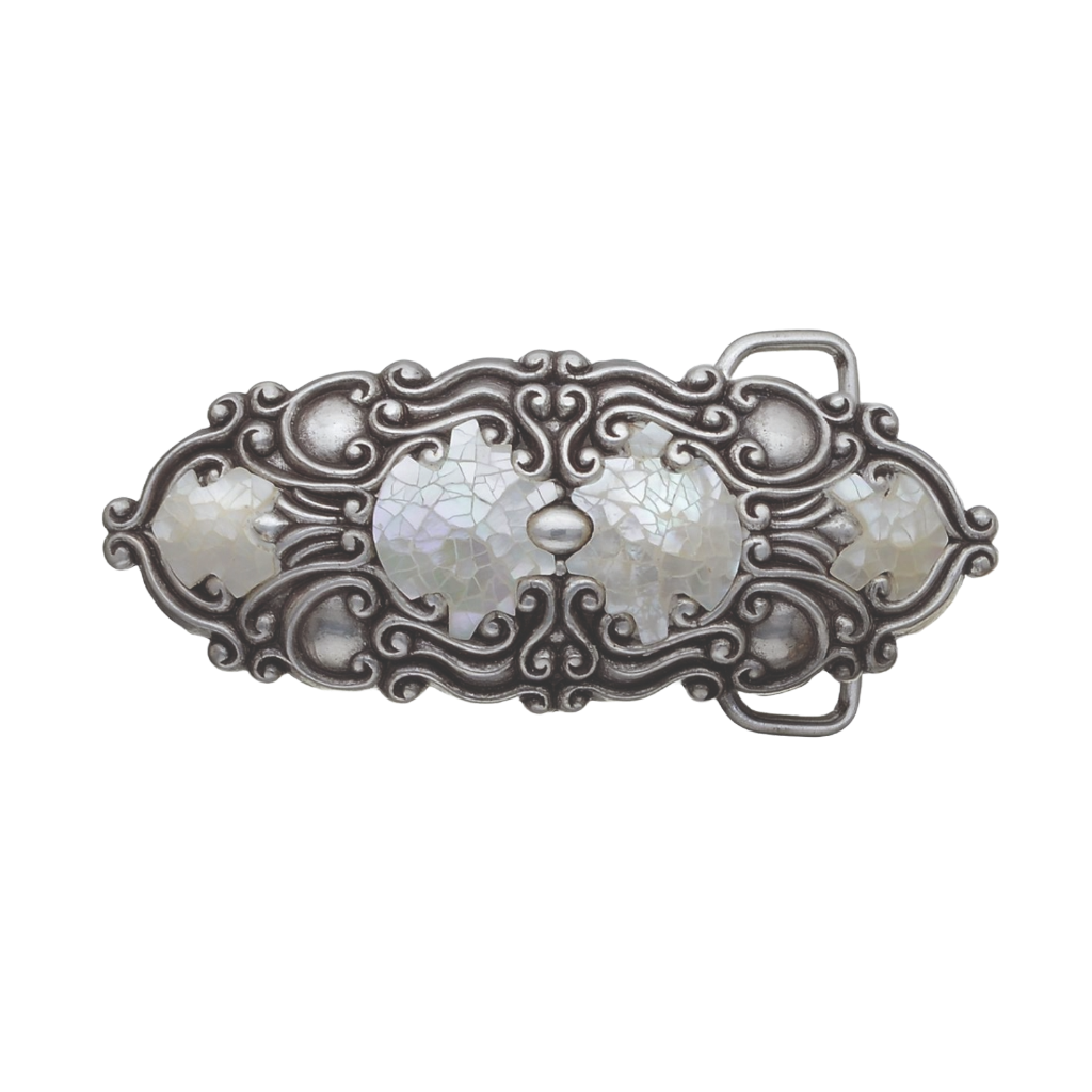 Polished silver belt buckle with a detailed Art Nouveau-style design and shimmering cracked mother of pearl inlays, a stylish fashion accessory with a beautiful Italian design.

