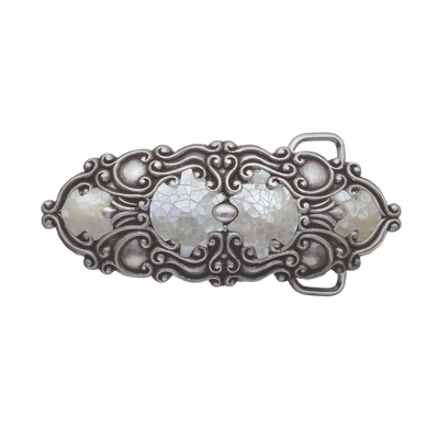 Polished silver belt buckle with a detailed Art Nouveau-style design and shimmering cracked mother of pearl inlays, a stylish fashion accessory with a beautiful Italian design.

