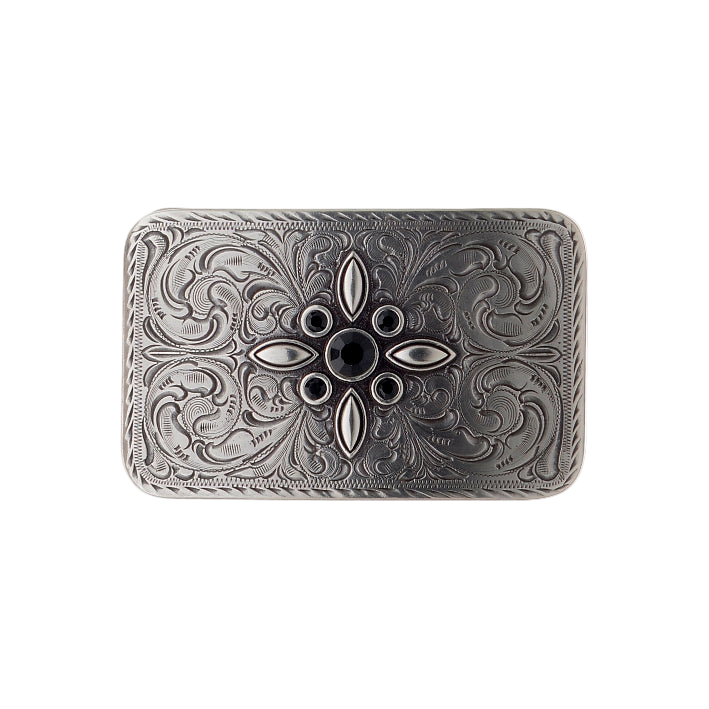 Shiny Silver Rectangular Belt Buckle with an intricate vintage floral and cross engraving, a stylish fashion accessory with a beautiful Italian design.

