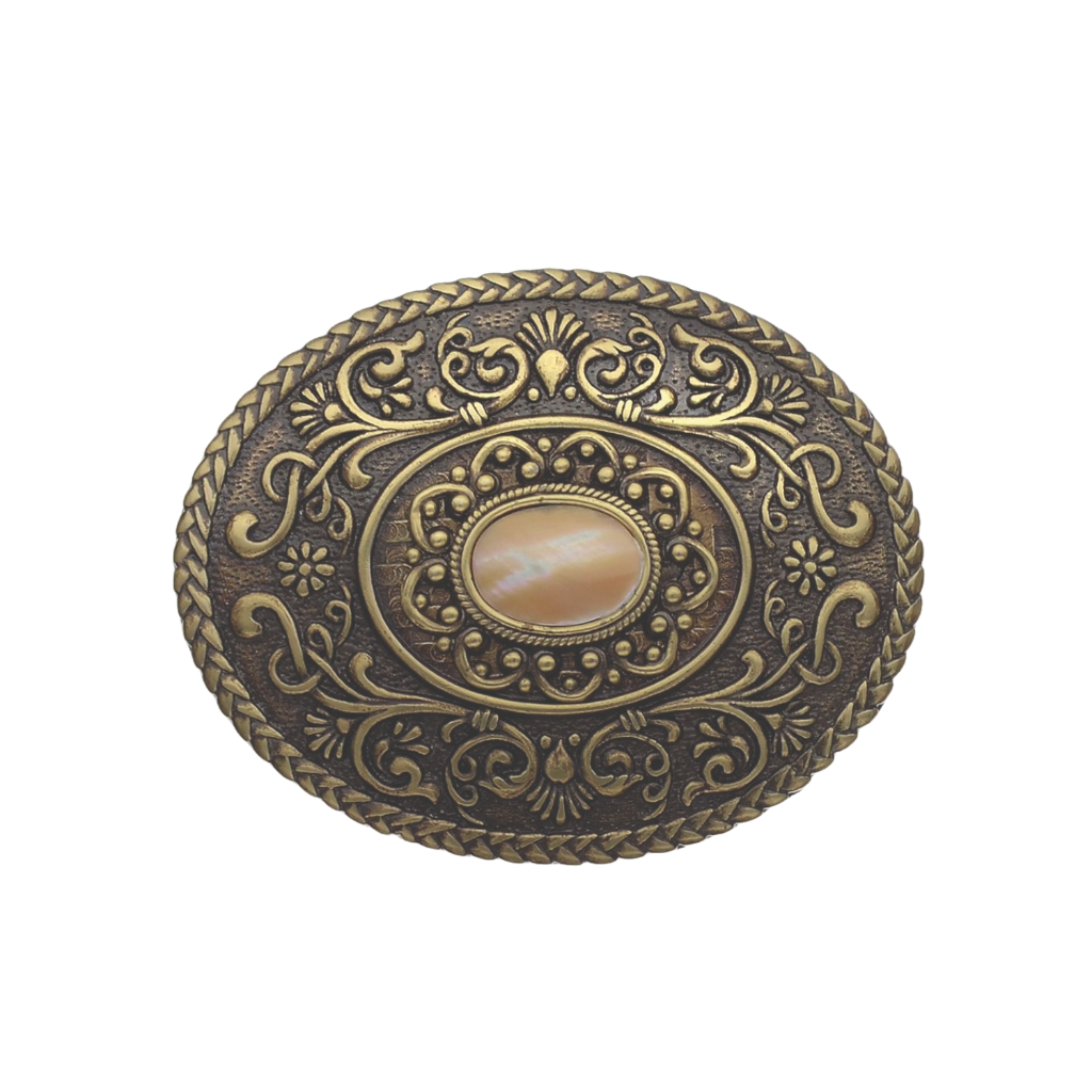 Bronze Oval Belt Buckle with Vintage Floral Italian Design and a Central Mother of Pearl Stone, a perfect fashion accessory for a stylish belt.

