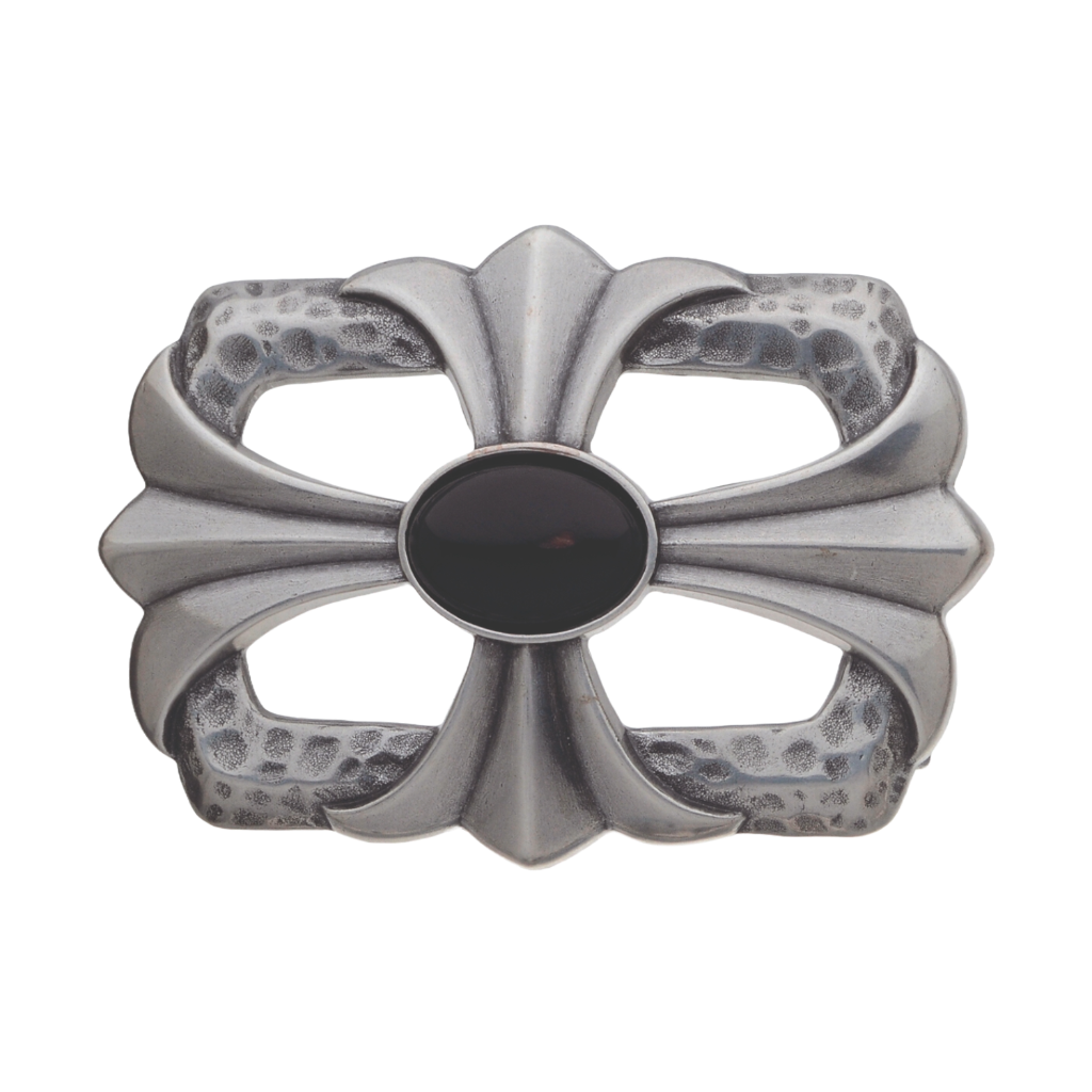 Brushed Silver Belt Buckle with a modern cross design and a smooth black onyx stone centerpiece, a unique fashion accessory with a contemporary Italian design.

