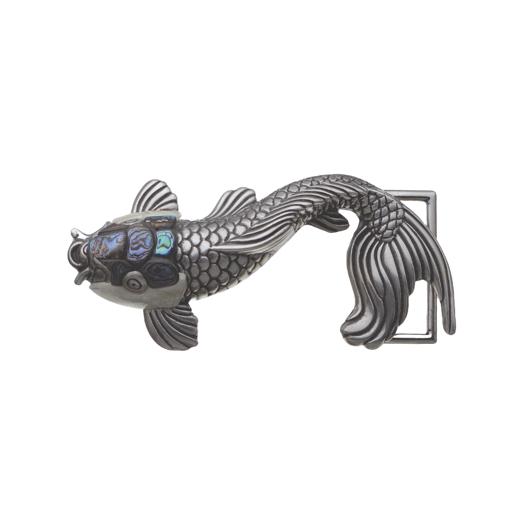 Elegant Silver Koi Fish Belt Buckle with detailed scales and a colorful abalone shell inlay, a unique fashion accessory with an exquisite Italian design.

