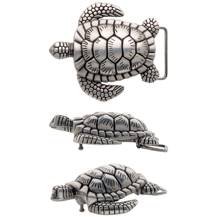 Brushed Silver Sea Turtle Belt Buckle, a unique fashion accessory with a detailed Italian design, perfect for adding a touch of nature-inspired style.


