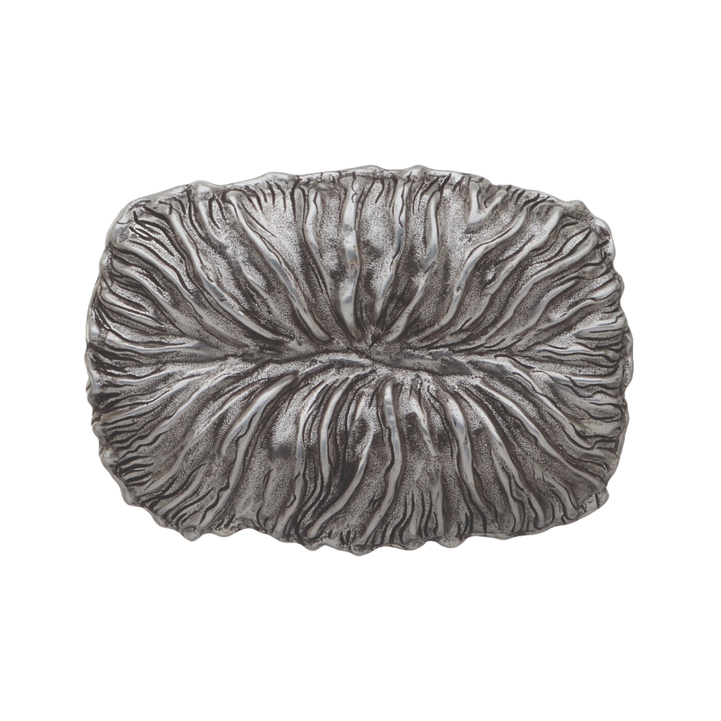 Oval textured silver belt buckle with a unique flowing-vein design, a beautiful fashion accessory with a contemporary Italian design.
