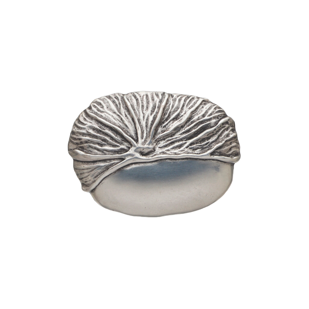 Circular brushed silver belt buckle with a textured flowing vein design, a stylish fashion accessory with a contemporary Italian design.

