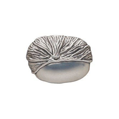 Circular brushed silver belt buckle with a textured flowing vein design, a stylish fashion accessory with a contemporary Italian design.

