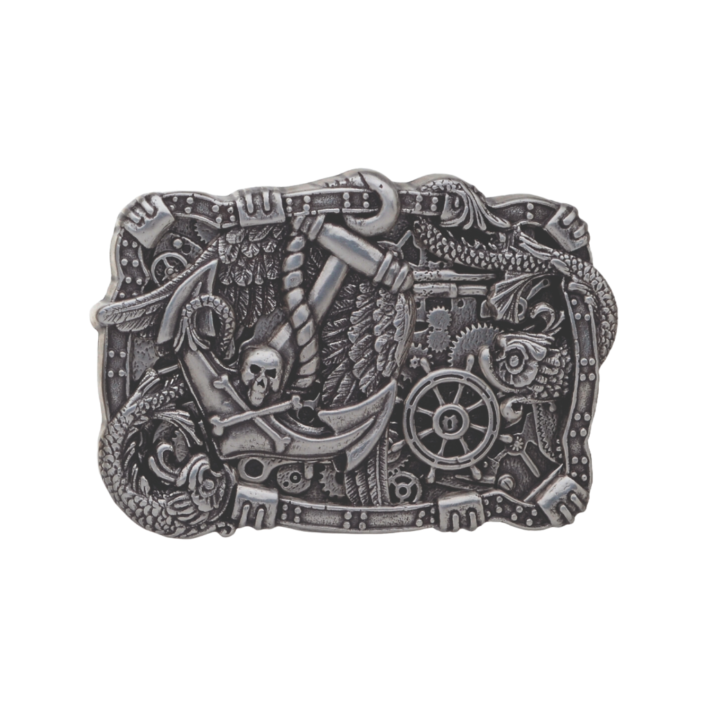 Intricate and detailed steampunk-style silver belt buckle featuring a skull and crossbones, anchor, gears, and a dragon or sea serpent, a unique fashion accessory with a bold Italian design.

