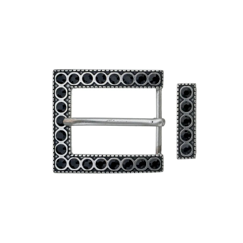 Square silver-tone belt buckle with black crystal-studded frame and matching keeper loop, fits 40mm belt strap