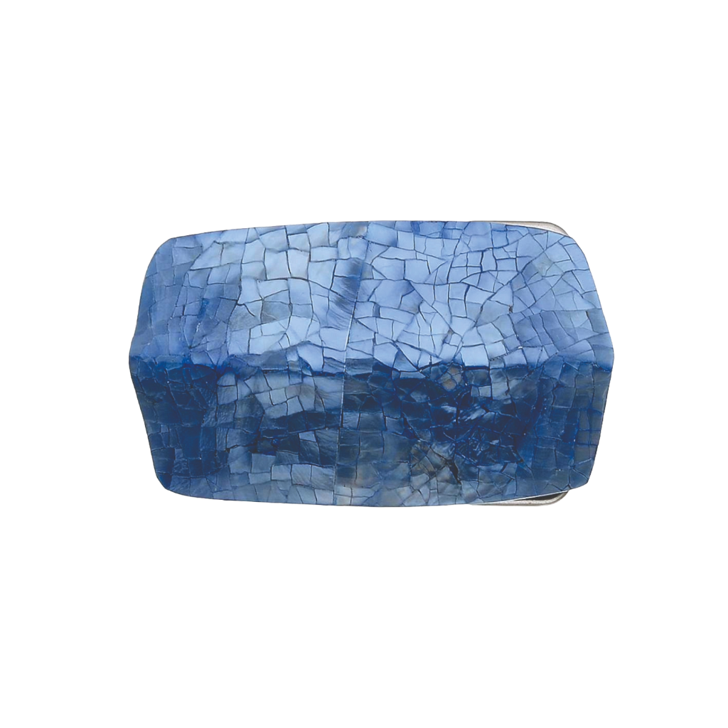 Rectangular silver belt buckle with a mosaic-style cracked blue turquoise inlay, a unique fashion accessory with a beautiful Italian design.
