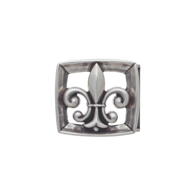 Square openwork belt buckle with raised fleur-de-lis, oxidized silver, isolated on transparent background