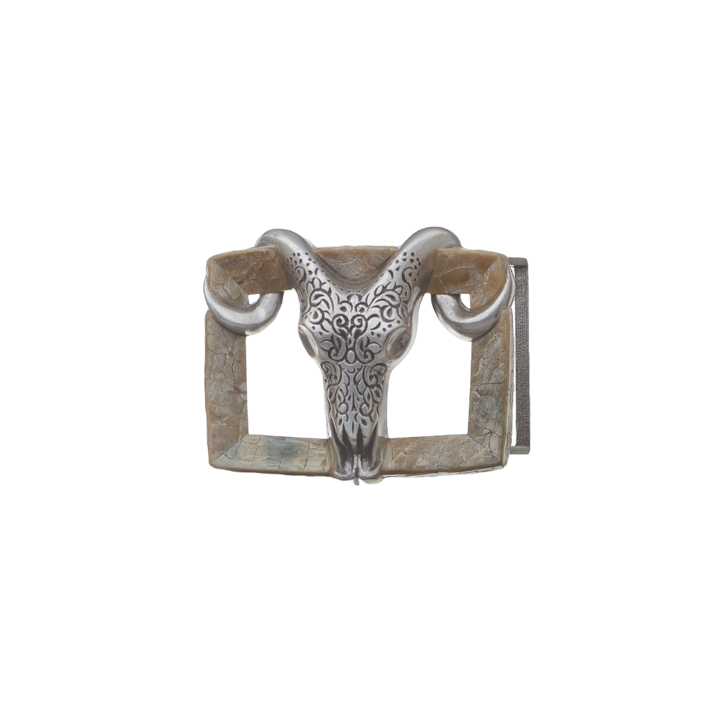 Italian design belt buckle fashion accessory engraved silver ram skull on cracked-stone rectangular frame, western style.