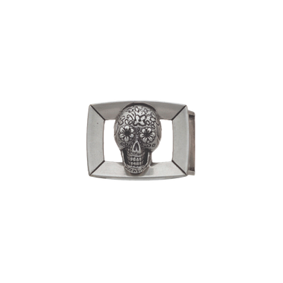 Modern square silver belt buckle with a detailed Mexican sugar skull design, a unique fashion accessory with a statement-making Italian design.

