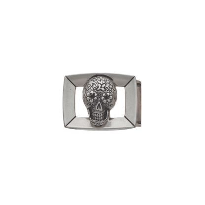 Modern square silver belt buckle with a detailed Mexican sugar skull design, a unique fashion accessory with a statement-making Italian design.

