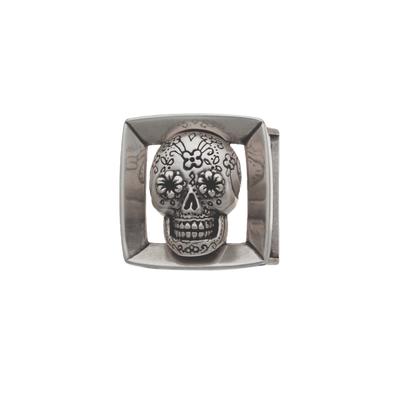 Modern square silver belt buckle with a detailed Mexican sugar skull design, a unique fashion accessory with a statement-making Italian design.

