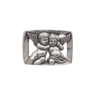 Rectangular silver belt buckle with two cherub angels design, vintage western cowboy rodeo fashion accessory