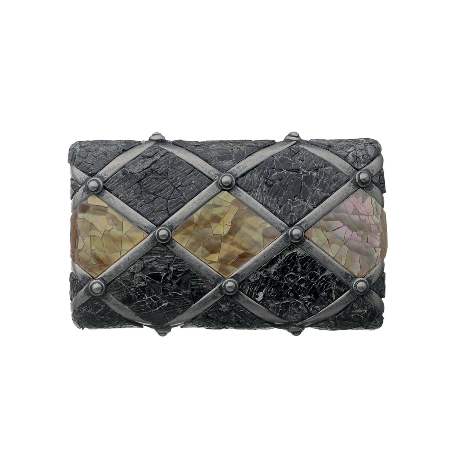 Riveted Diamond Lattice 40mm belt buckle in Old Nickelfree + Cracked Raw Black Lip Mother of Pearl.