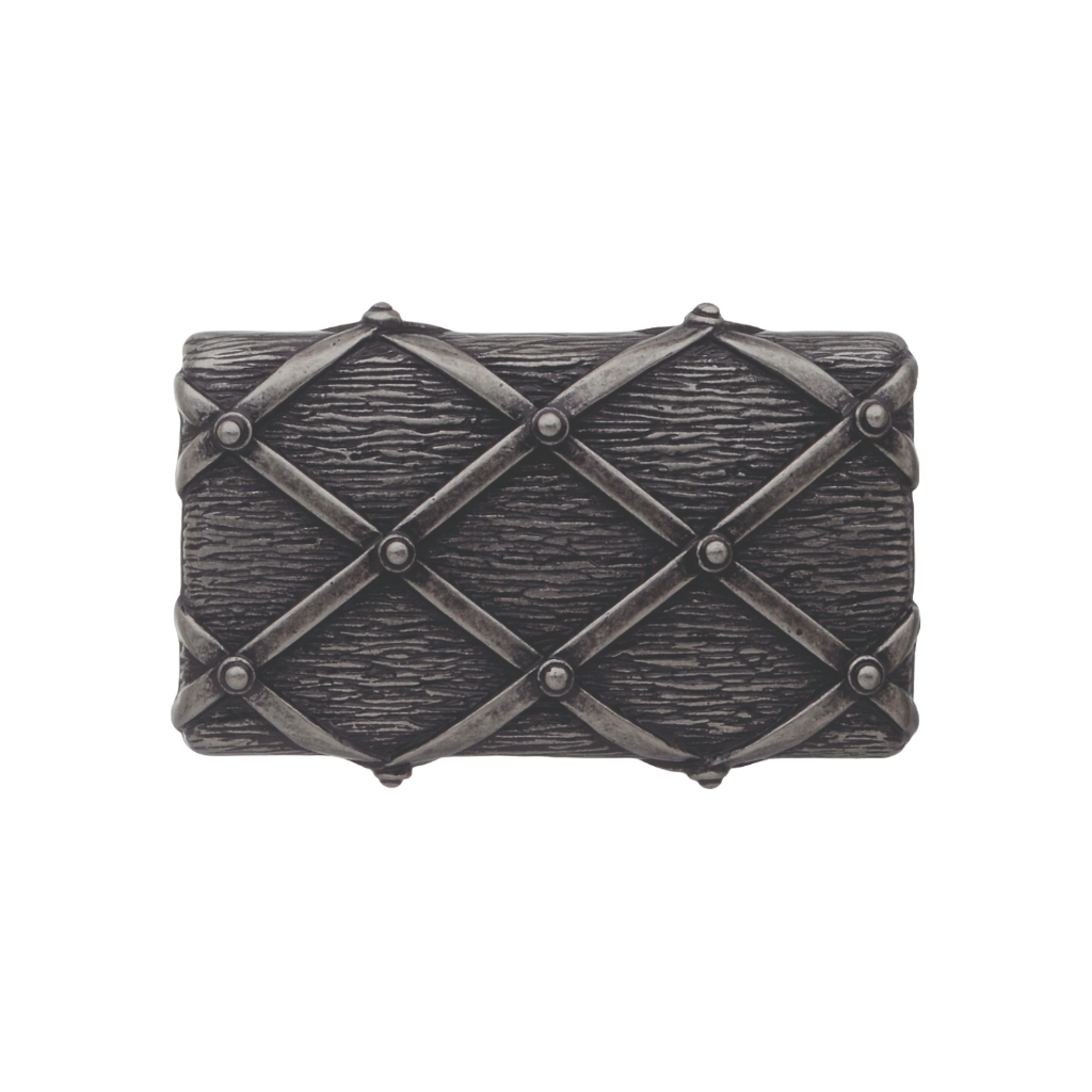 Detailed antique silver belt buckle with a textured wood-like grain and a studded crosshatch or lattice pattern, a unique fashion accessory with a beautiful Italian design.

