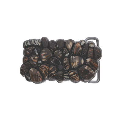 Rectangular belt buckle with polished dark brown stone inlay, mosaic rock pattern, western cowboy rodeo fashion accessory