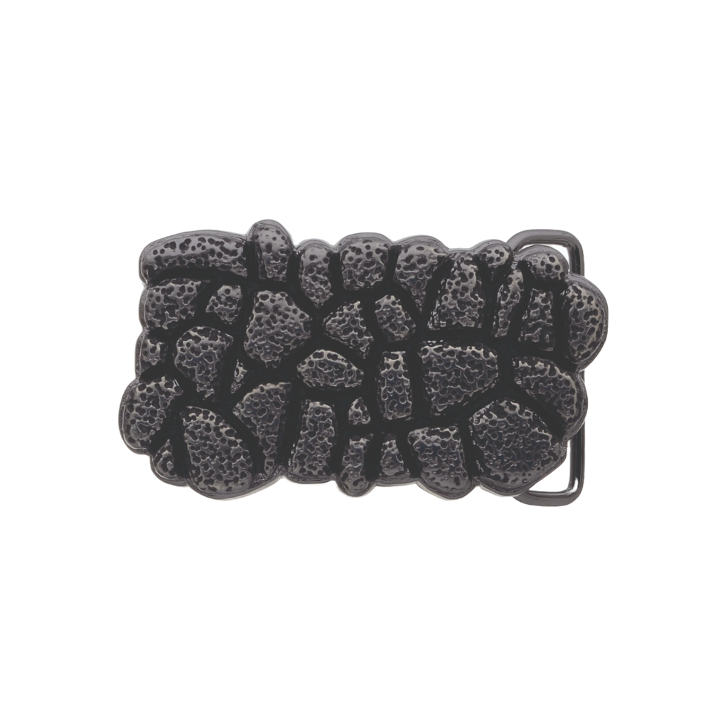 Detailed textured dark silver belt buckle with a raised cobblestone or rock-like pattern, a unique fashion accessory with a beautiful Italian design.

