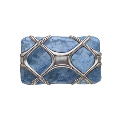 Rectangular belt buckle with light blue mosaic inlay and silver lattice overlay, stylish geometric design, men’s fashion accessory