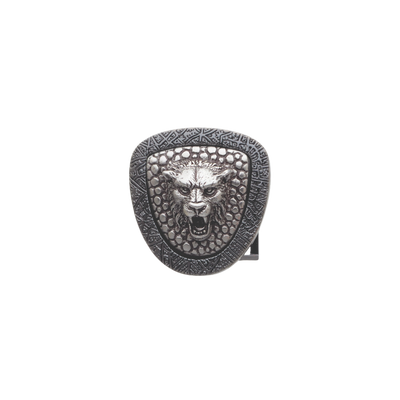 Brushed silver belt buckle with a detailed snarling wolf head design in the center and a textured and patterned border, a bold fashion accessory with an animal-themed Italian design.

