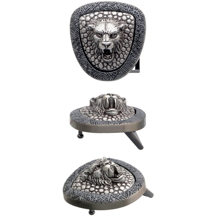 40mm lion shield belt buckle in shiny gun metal & English Silver.
