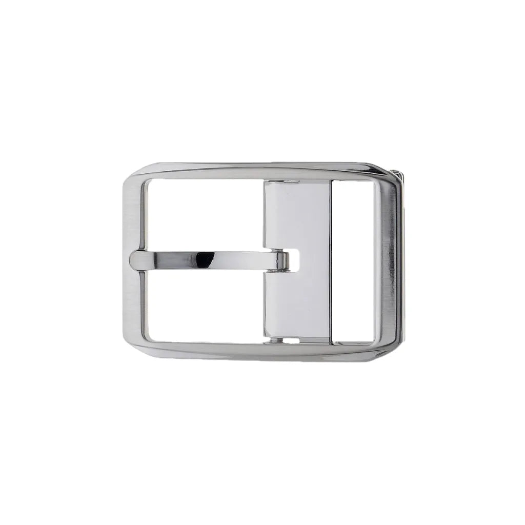 Polished silver rounded-rectangle belt buckle frame with center pin bar and clasp back