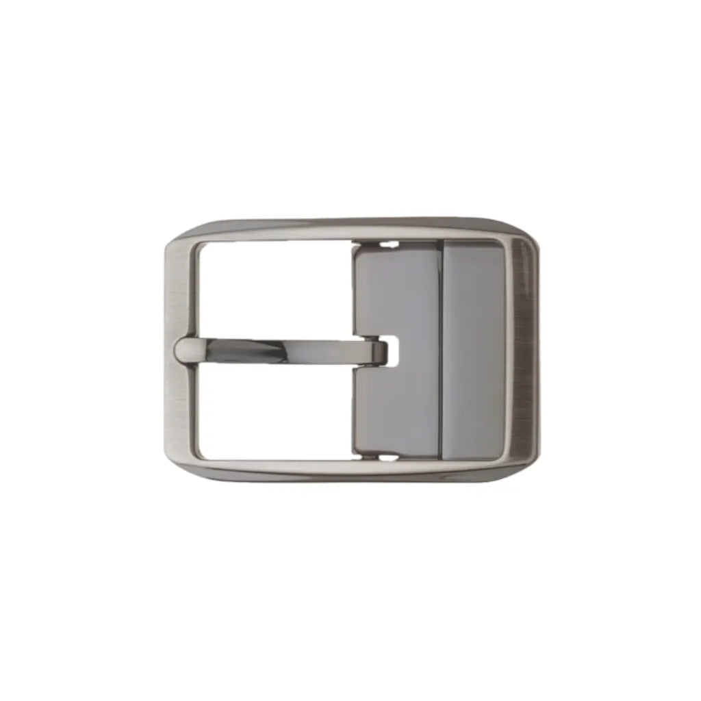 Brushed silver rounded-rectangle belt buckle frame with center pin bar and clasp back