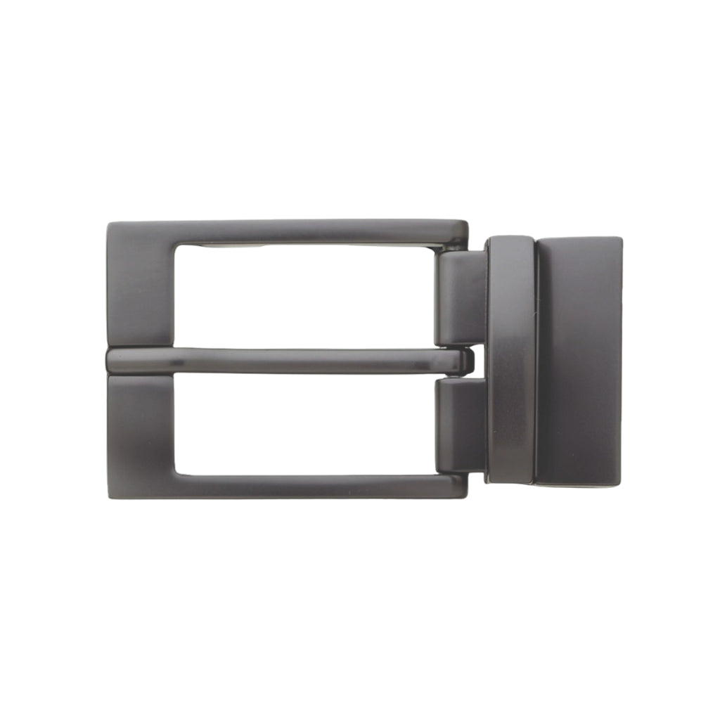 Gunmetal rectangular belt buckle frame with center bar and clip clasp