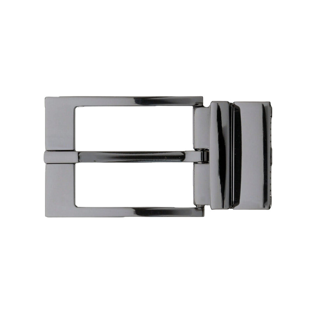 Polished gunmetal rectangular belt buckle frame with center bar and clip clasp back