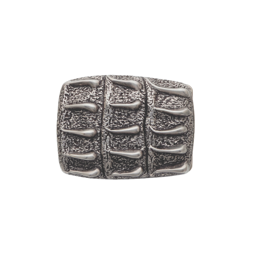 Textured silver rectangular belt buckle with a geometric drop or teardrop pattern, a stylish fashion accessory with a unique Italian design.

