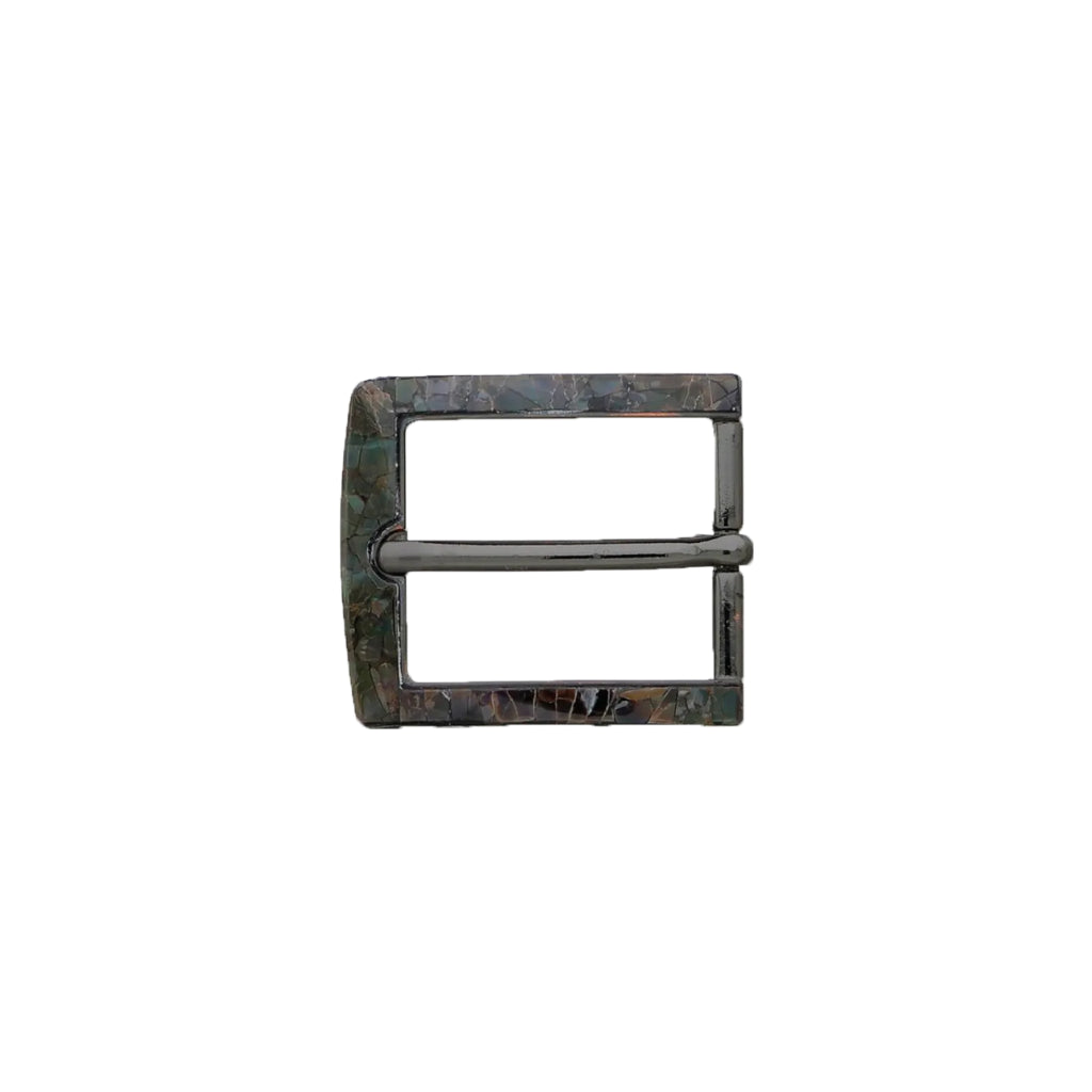 Rectangular belt buckle with dark green mother-of-pearl inlay frame and gunmetal pin, fits 30mm belt strap