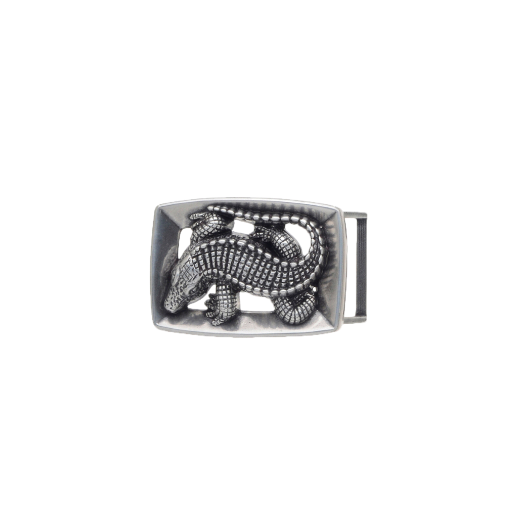 Silver crocodile belt buckle with a textured scaly design, a unique fashion accessory with a detailed animal-themed Italian design.

