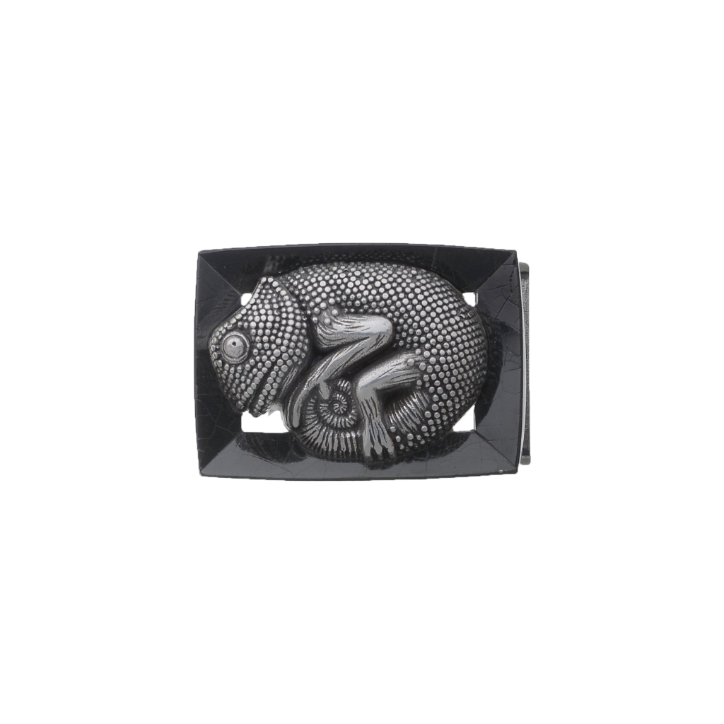 Silver chameleon belt buckle with black stone background, reptile animal design fashion accessory with detailed lizard texture