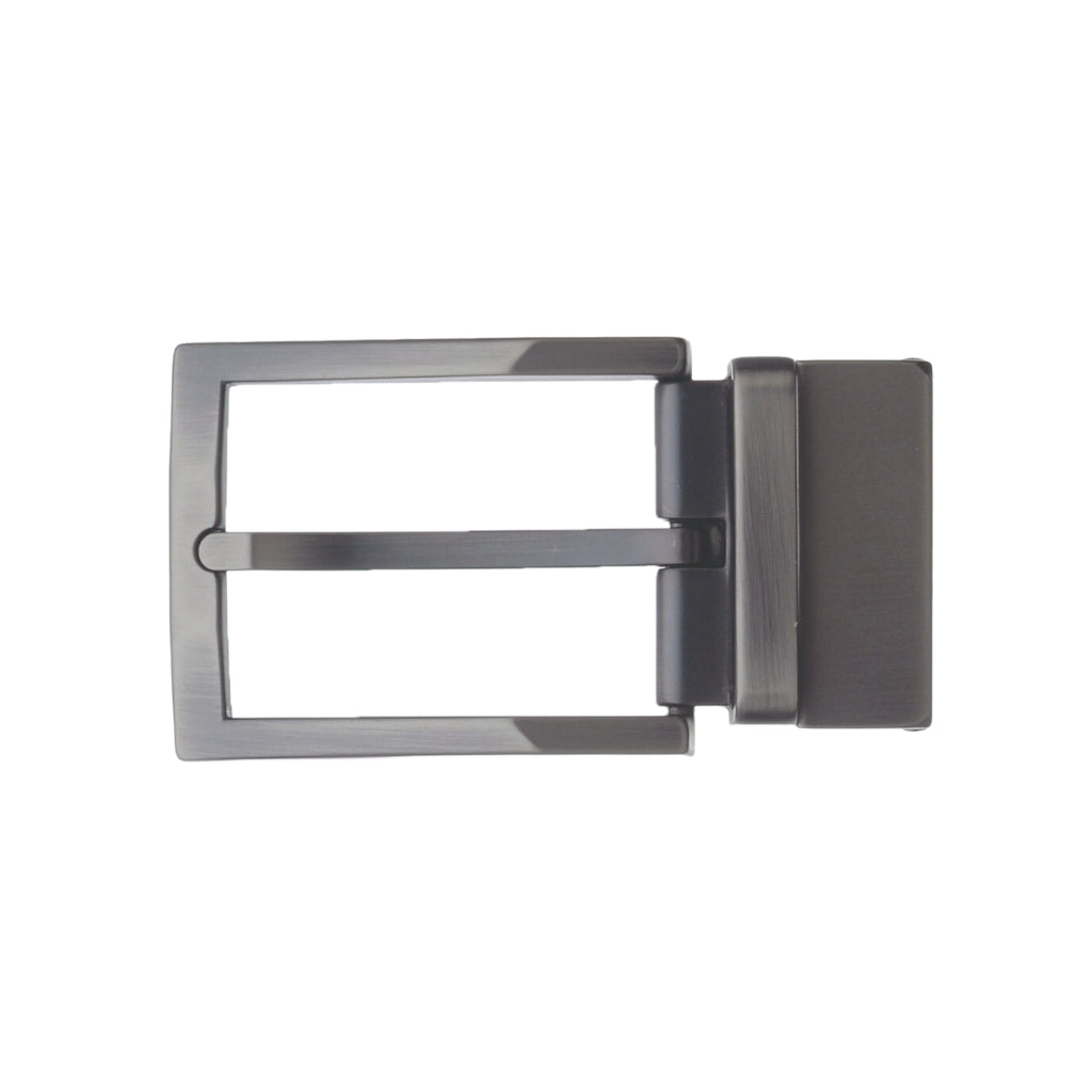 Rectangular belt buckle frame with prong and clasp in brushed gunmetal finish