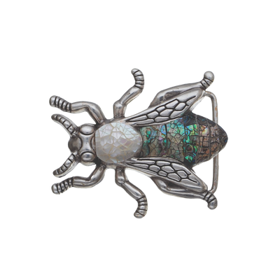 Silver insect belt buckle with abalone shell inlay, bee fly bug themed fashion accessory, iridescent western belt hardware