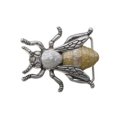 Bee-shaped belt buckle, silver wings with cracked white thorax and yellow shell inlay abdomen, isolated on transparent background