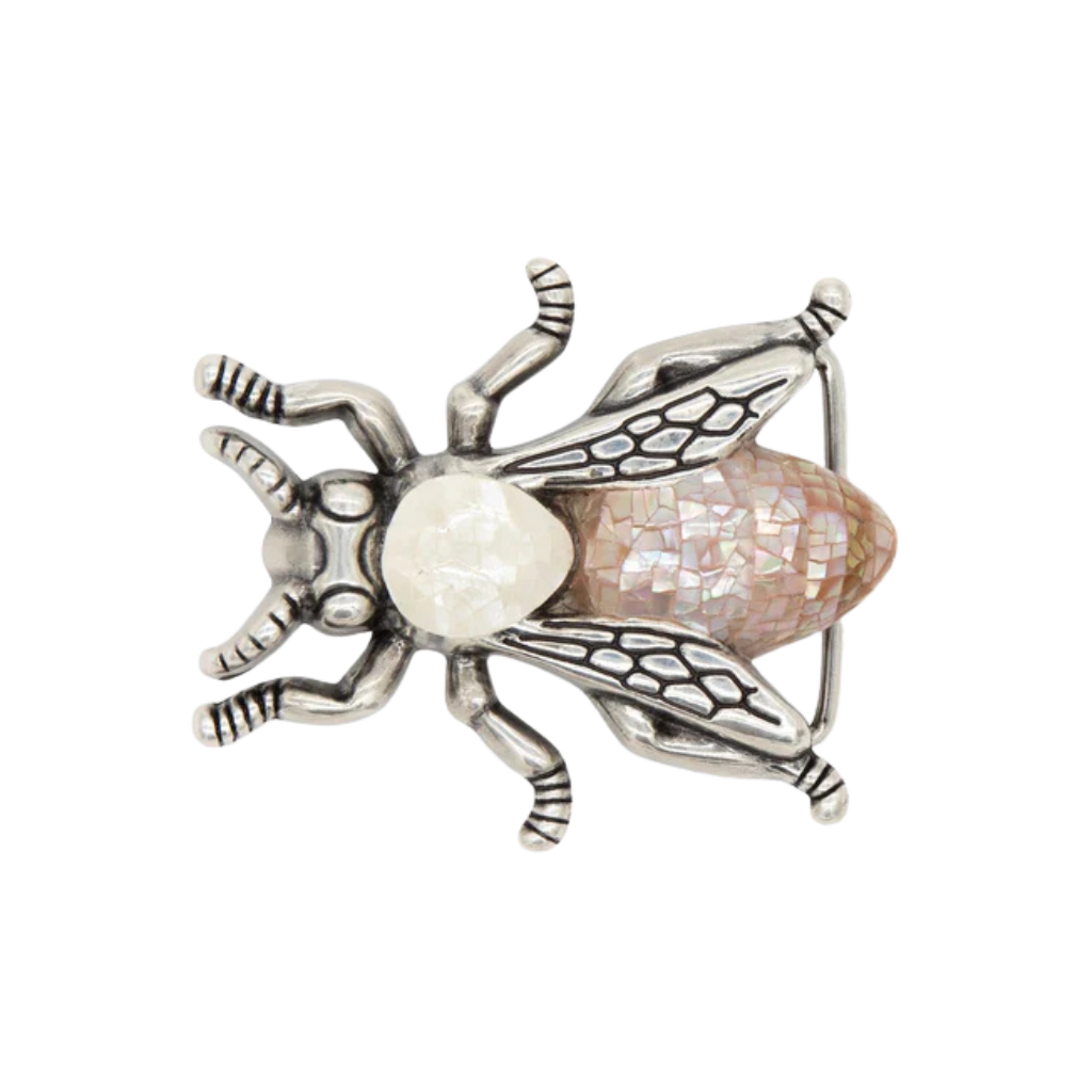 Bee 40mm Belt Buckle – English Silver Finish + White Hammer Shell & Cracked Brown Lip Mother of Pearl