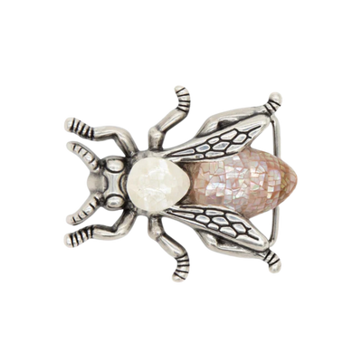 Silver bee buckle with cracked pearl thorax and light pink abalone-style abdomen, transparent background